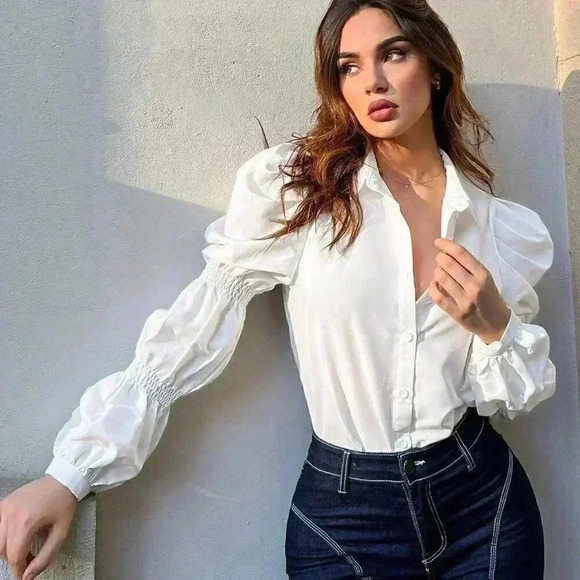 White Preppy Womens Solid Button Front Ruched Shirt - Picture 1 of 5